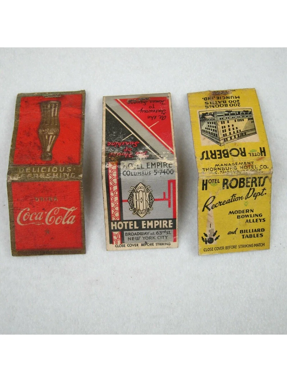 3 Vintage Matchbook Covers Drink Coca Cola, Hotel Empire New York, Hotel Roberts